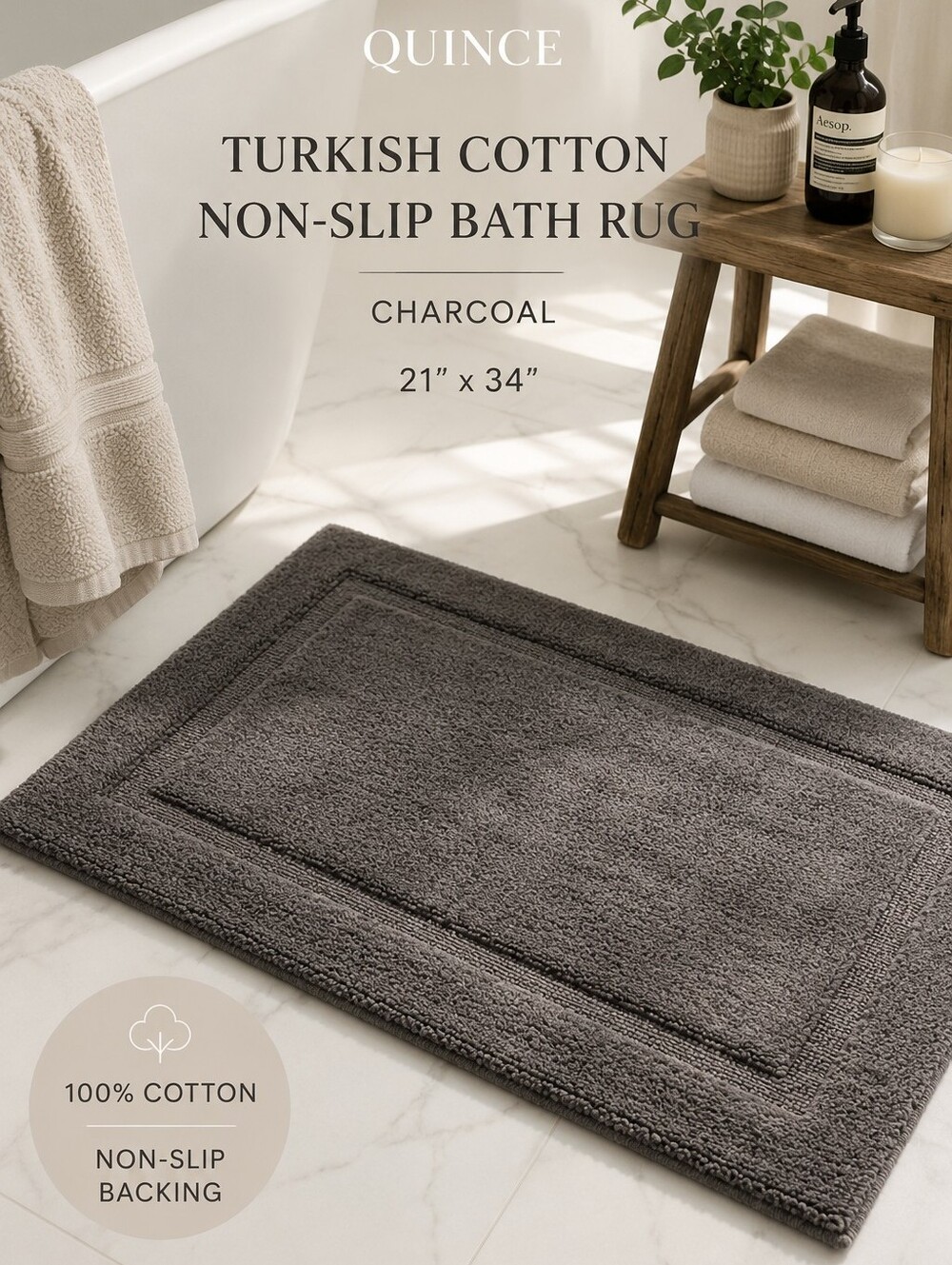 Quince Turkish Cotton Non-Slip Bath Rug Charcoal 21x34 NWT